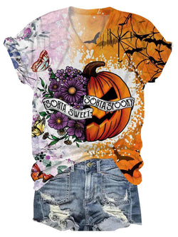 Halloween Pumpkin Flower Tie Dye V Neck T-Shirt