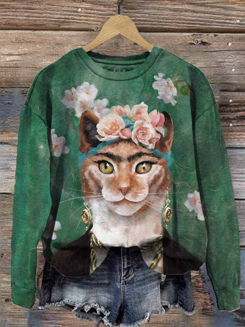 Siamese Cat Frida Print Crew Neck Top