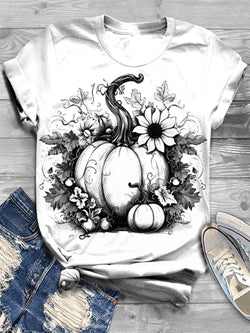 Floral Pumpkin Print Crew Neck T-Shirt
