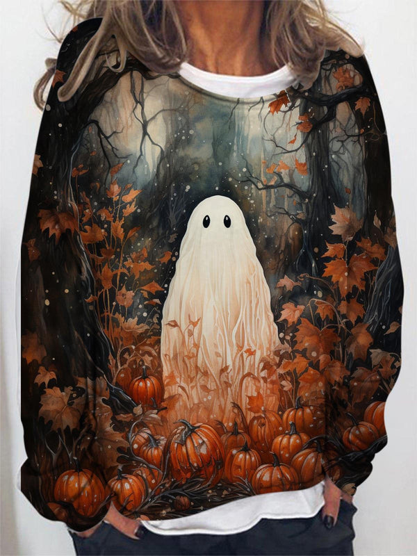 Pumpkin Forest Ghost Print Long Sleeve Top