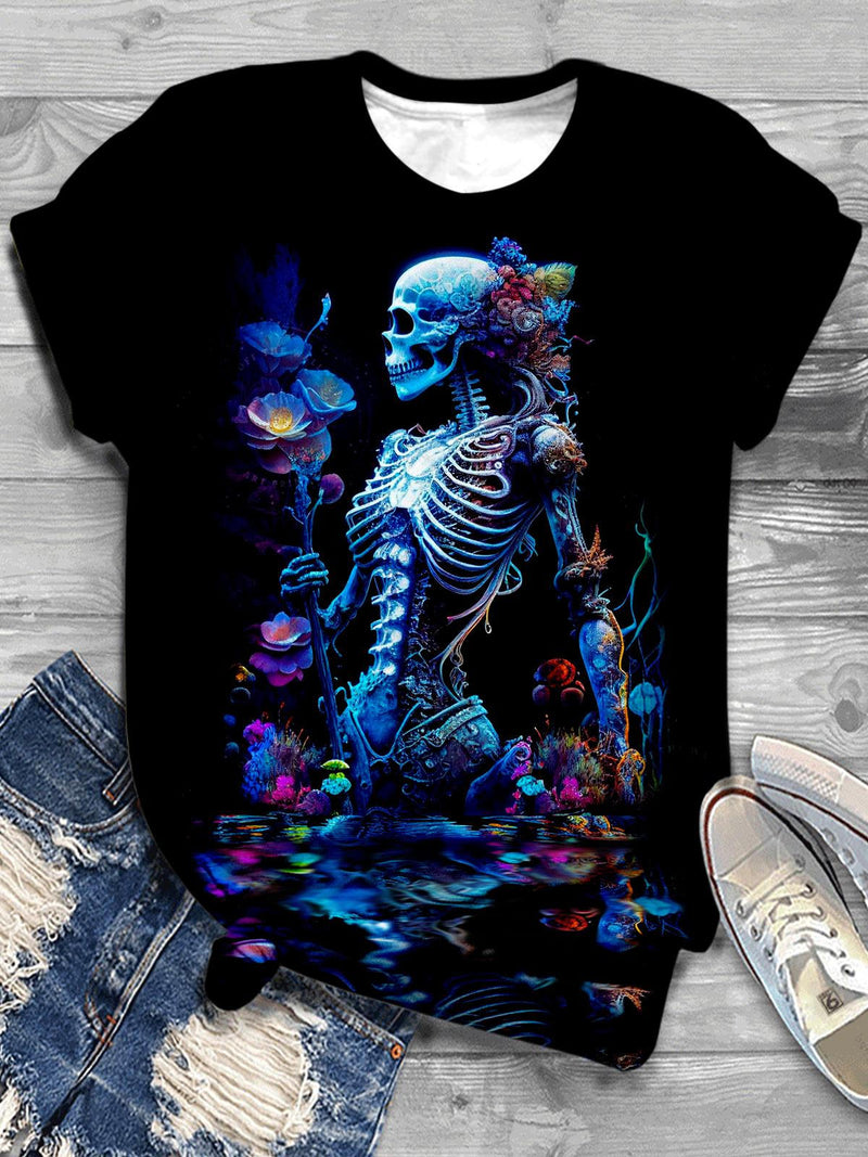 Flower Scepter Skeleton Print Casual T-shirt