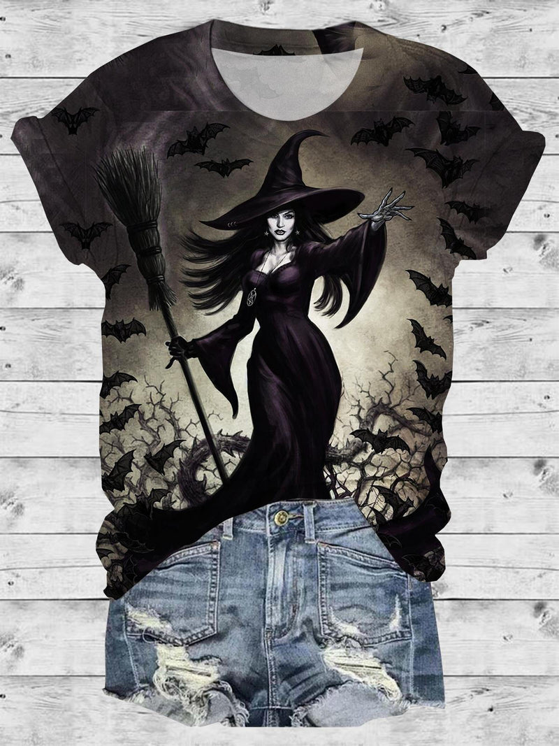 Witch Bat Halloween Print Round Neck Short Sleeve T-Shirt