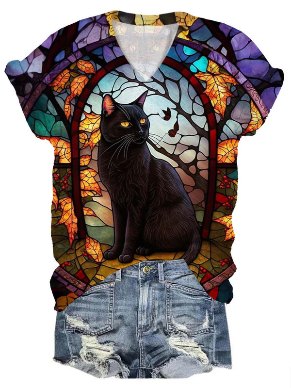 Women's V Neck Cat Print Short Sleeve T-Shirt