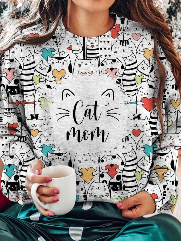 Cat Printed Long Sleeve Casual Top
