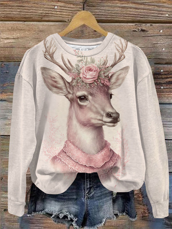 Floral Deer Print Round Neck Long Sleeve Top