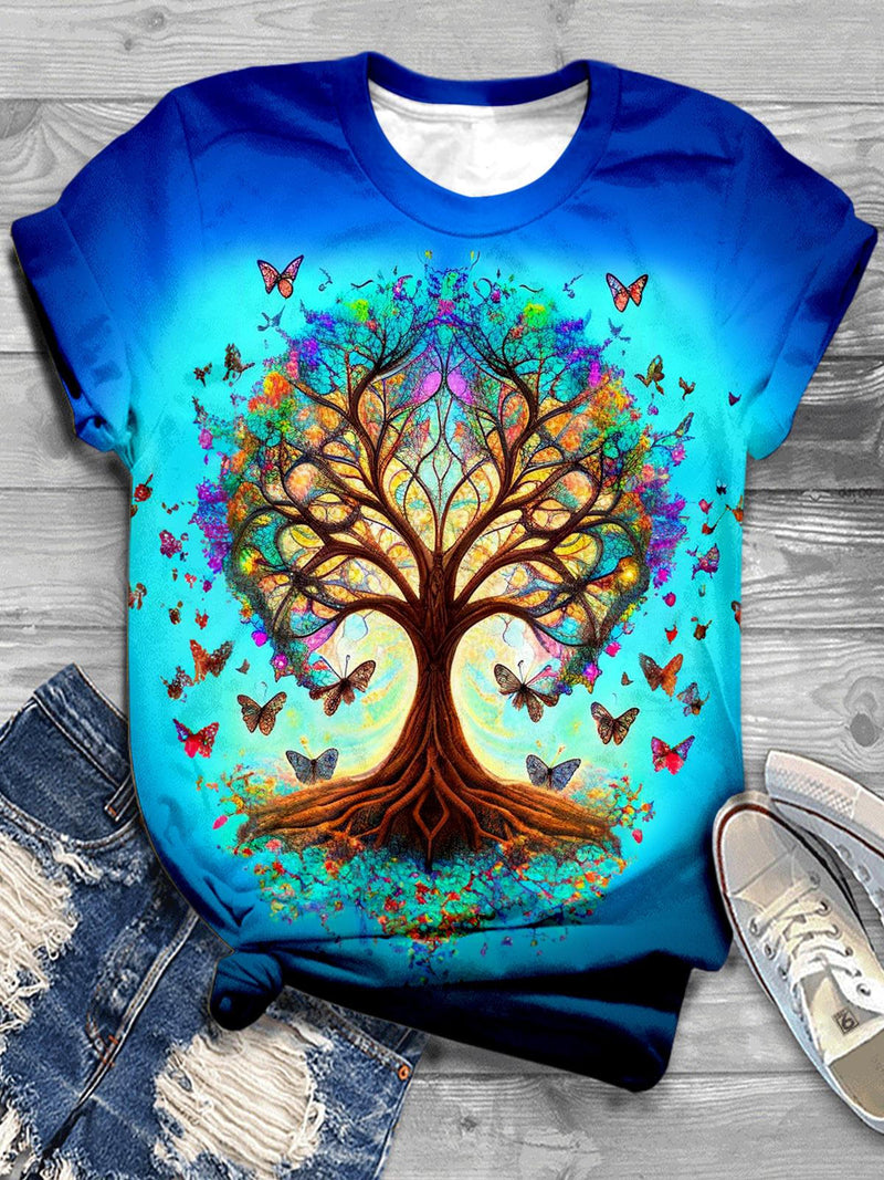 Butterfly Tree Print Casual T-shirt