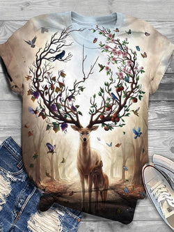 Elk Flowers Birds Forest Fruits Deer Crew Neck T-Shirt