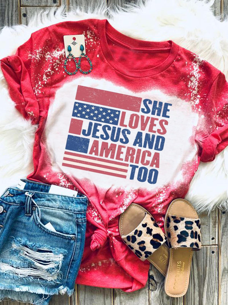 Women's She Loves Jesus And America Too Round Neck Short Sleeve T-Shirt