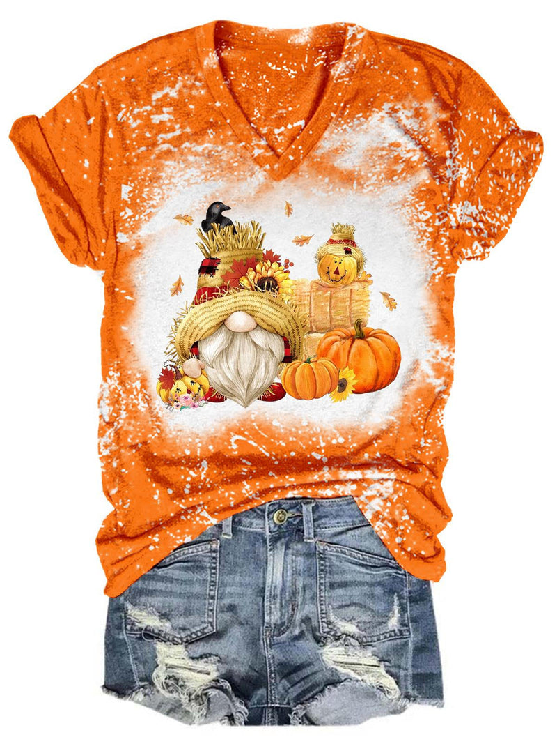 Pumpkin Gnome Tie Dye V Neck T-Shirt