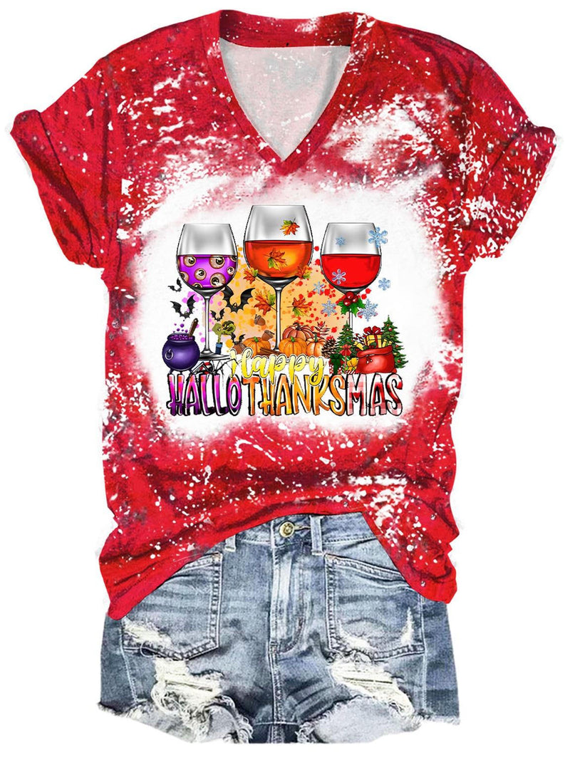 Happy Hallothanksmas Wine Print V Neck T-shirt