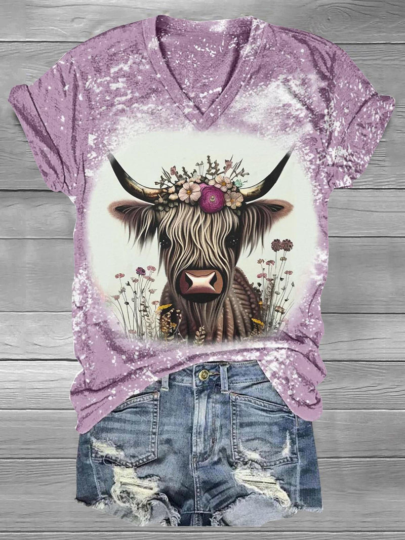 Tie Dye Cow Flower V-Neck T-Shirt