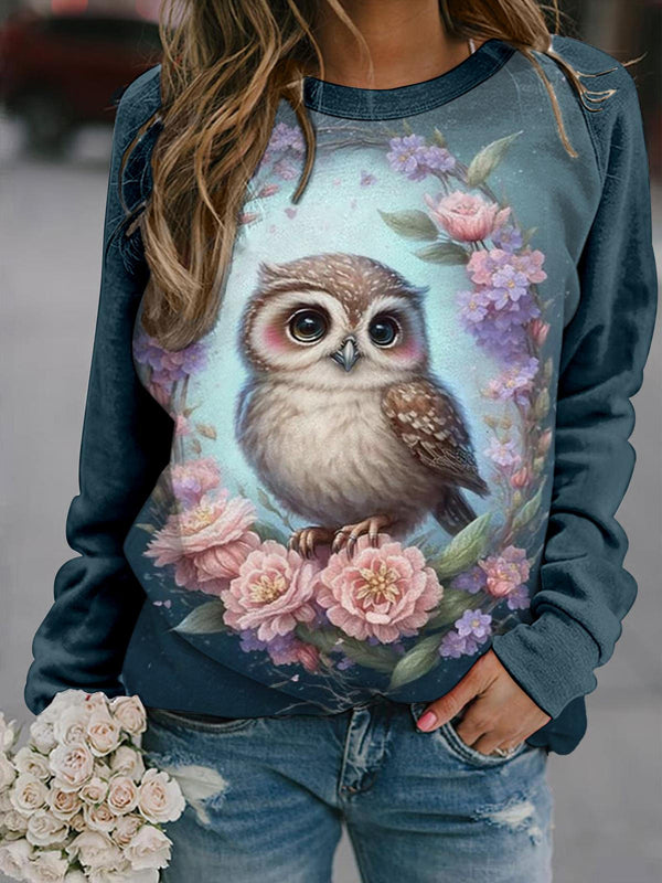 Flower Wreath Owl Print Long Sleeve Casual Top