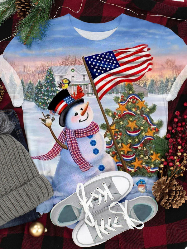 USA Flag Snowman Crew Neck T-shirt