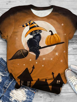 Witch Cat Pumpkin Print Crewneck T-Shirt