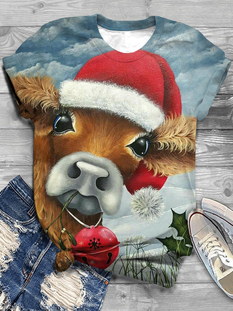 Christmas Cow Print Crew Neck T-shirt