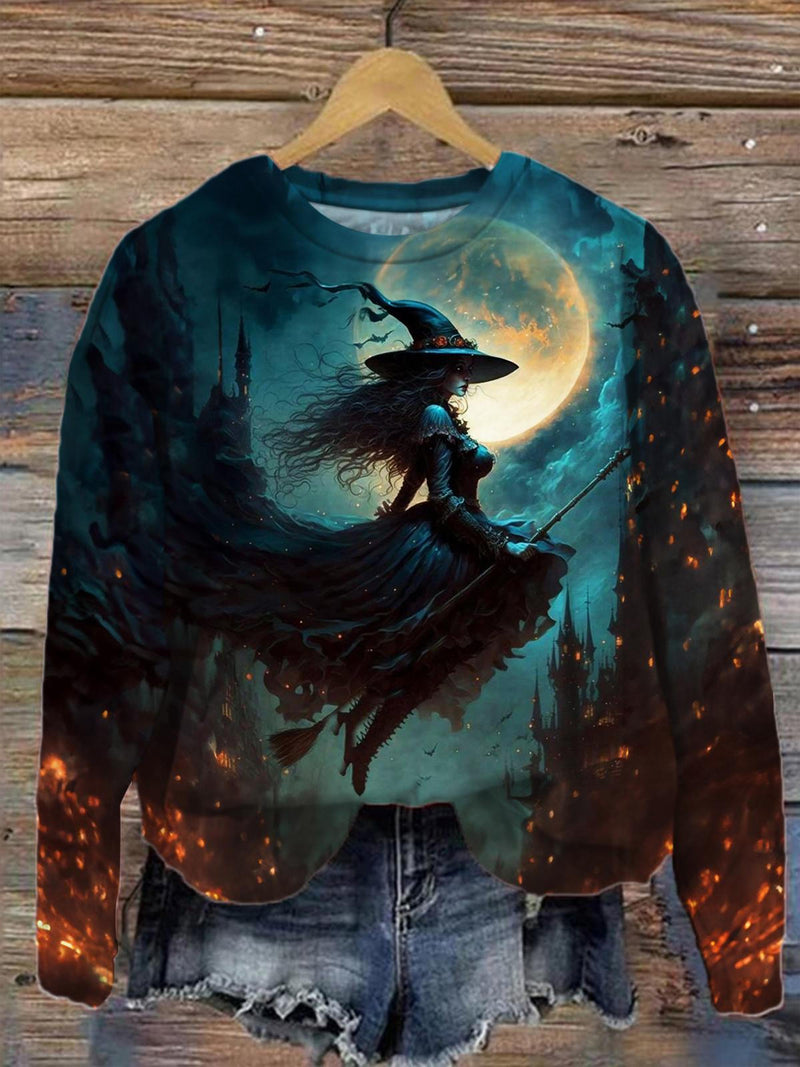 Women's Halloween Witch Print Round Neck Long Sleeve Top