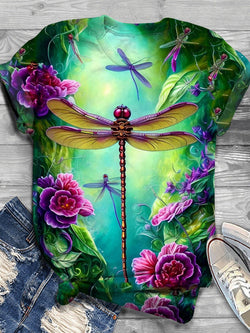 Dragonfly Forest Flower Crew Neck T-Shirt