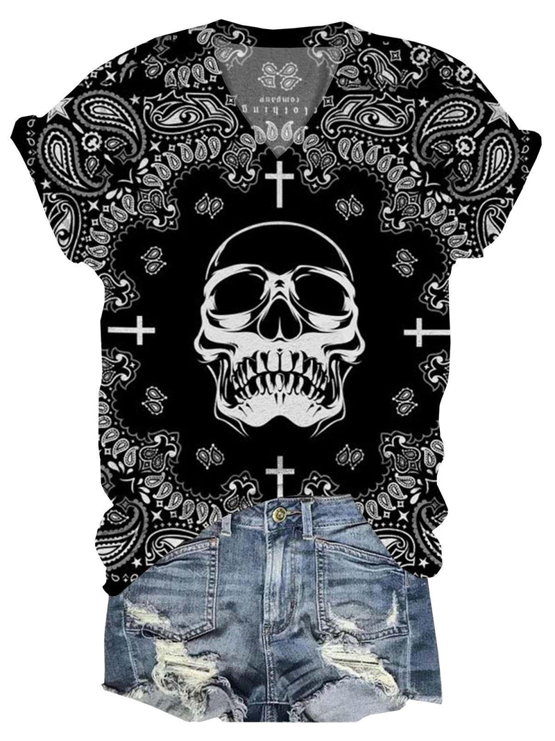 Skull Palis Pattern V Neck T-Shirt