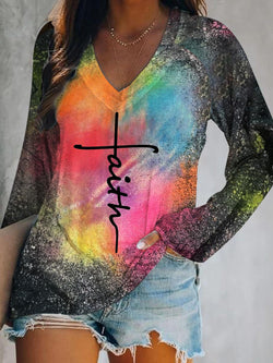 Faith Tie-Dye Print V-Neck T-Shirt