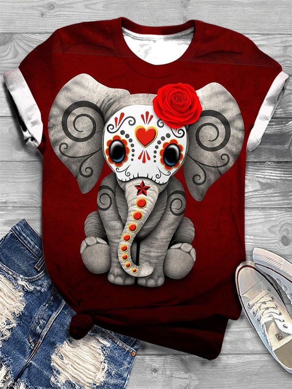 Day Of The Dead Elephant Print Crewneck T-Shirt