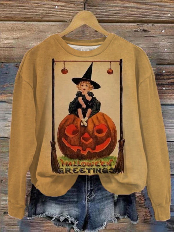 Halloween Vintage Young Witch Print Round Neck Long Sleeve Top