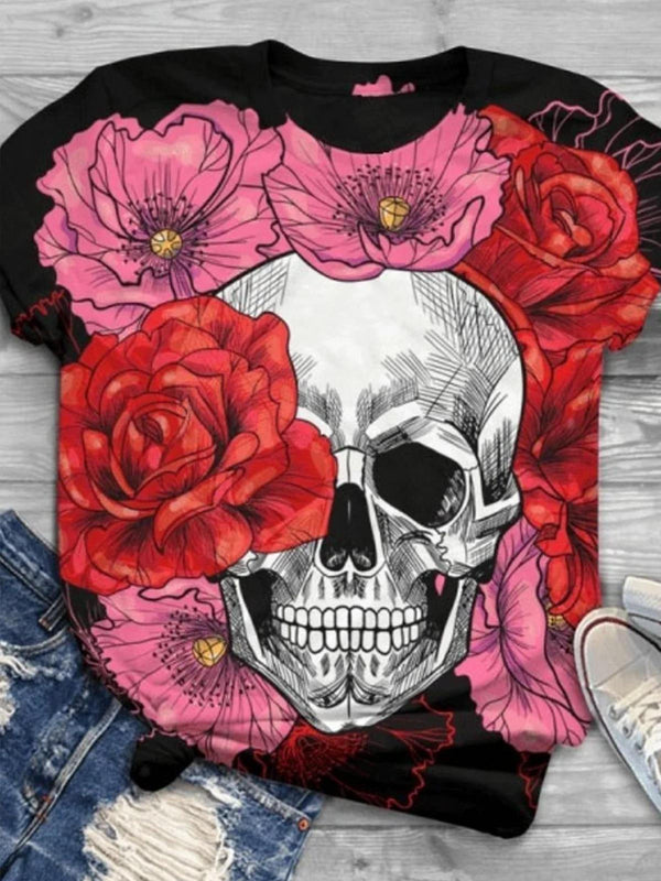 Women's Floral Skull Print Crew Neck T-Shirt
