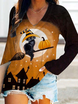 Women's Witch Cat V-Neck Long Sleeve T-Shirt