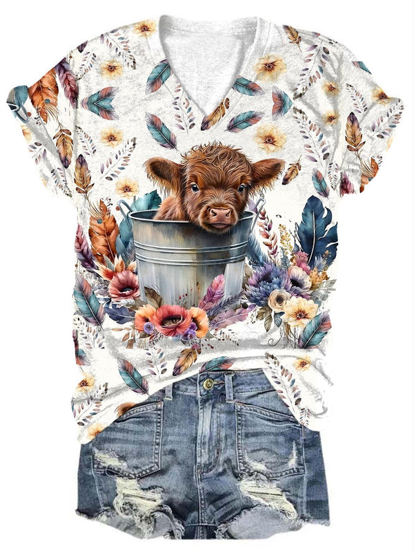 Women's Floral Cow Print T-Shirt