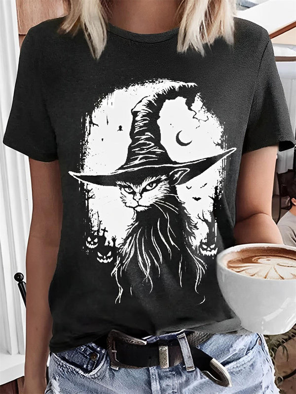 Witch Cat Print Crew Neck T-shirt