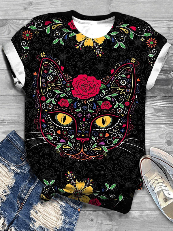 Day Of The Dead Rose Cat Print Crewneck T-Shirt