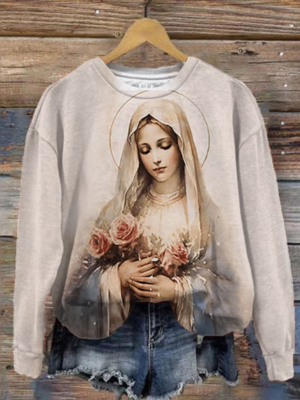 Women's Blessed Virgin Mary Art Print Round Neck Long Sleeve Top
