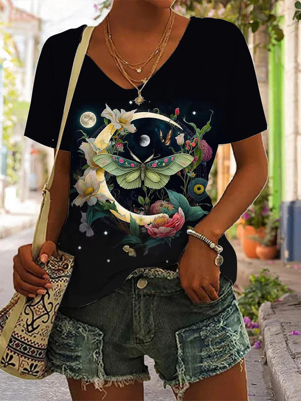 Moon Butterfly V-Neck Printed T-Shirt