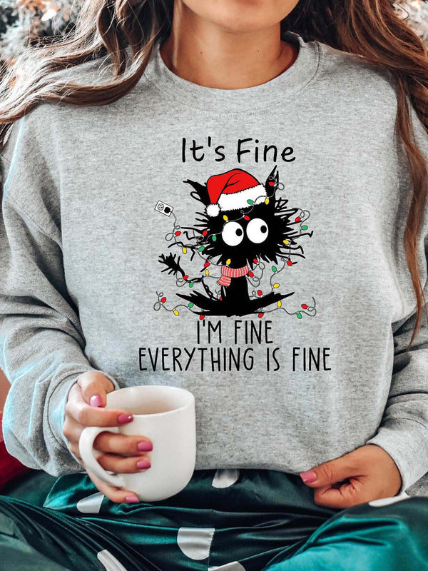 Christmas Black Cat It's Fine I'm Fine Everything is Fine Print Top
