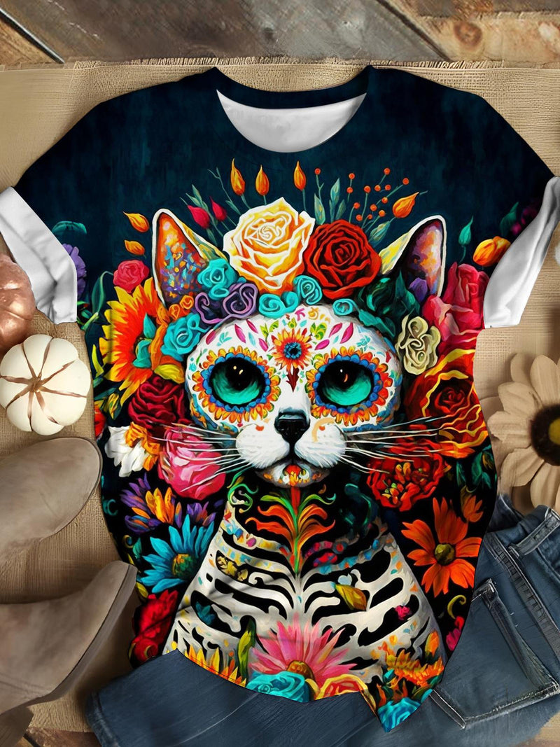 Floral Skeleton Cat Casual T-shirt