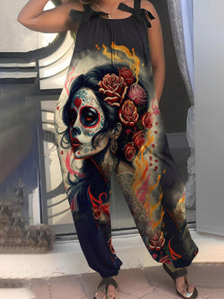Women's Day of the Dead Gothic Print Pocket Jumpsuit