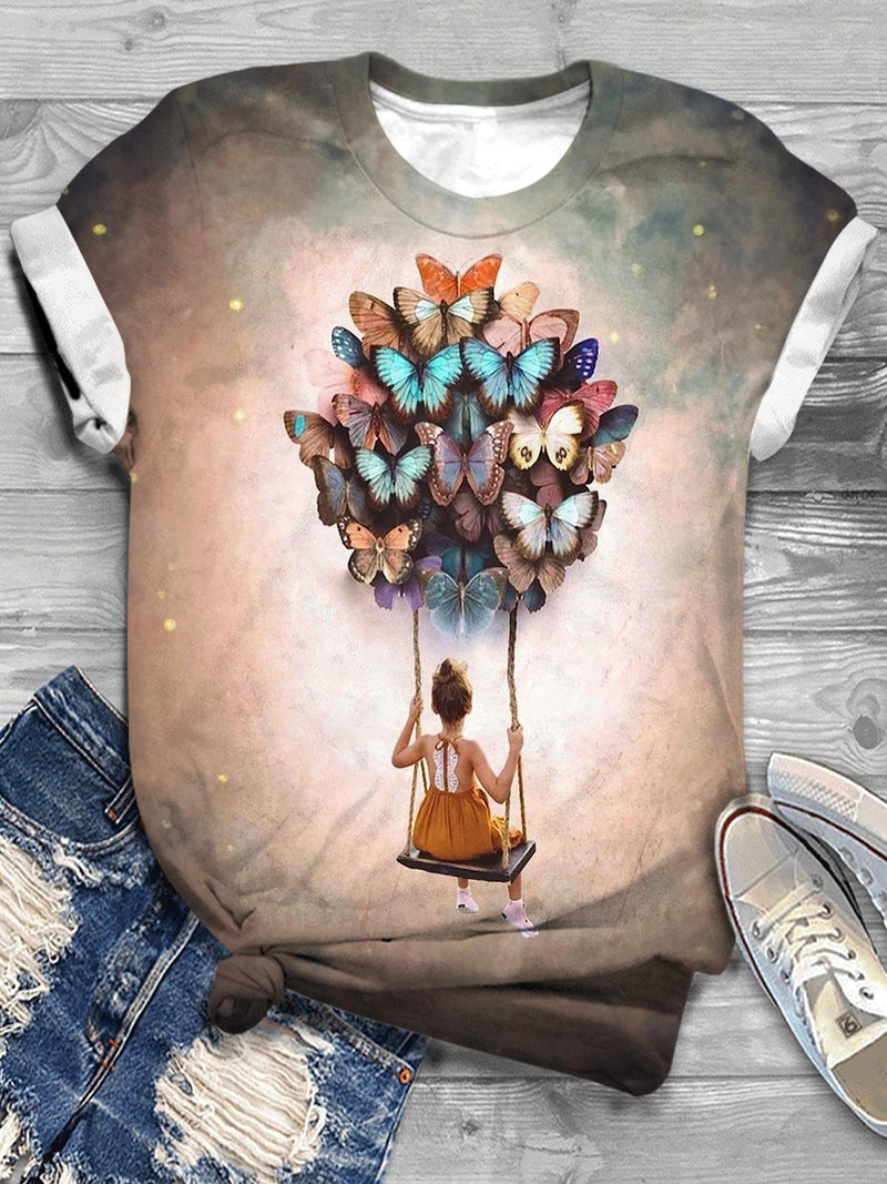 Butterfly Balloon Girl Print Casual T-shirt