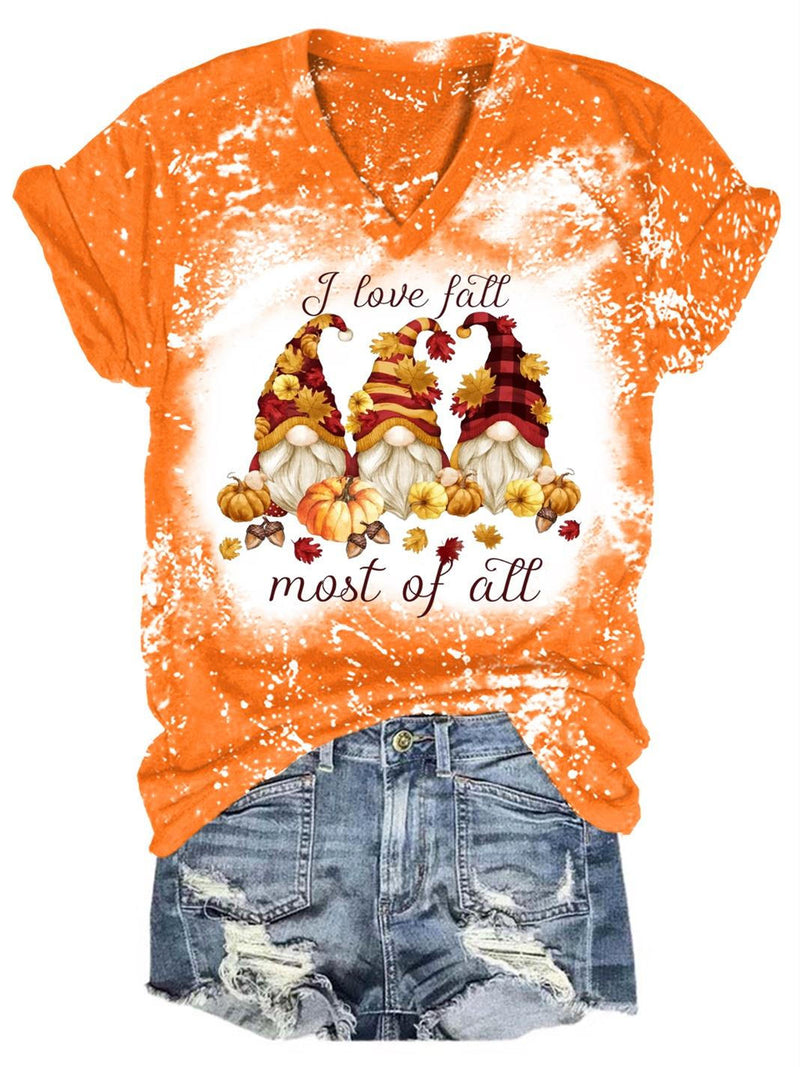 I Love Fall Most Of All Gnome Print T-Shirt