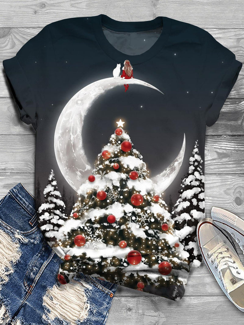 Christmas Tree Moon Crew Neck T-Shirt