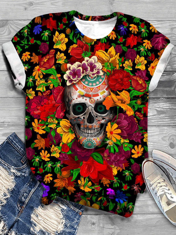 Skull In Flowers Printed Casual T-shirt