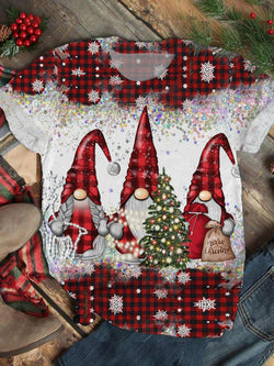 Women's Christmas Gnome Print Crew Neck T-shirt