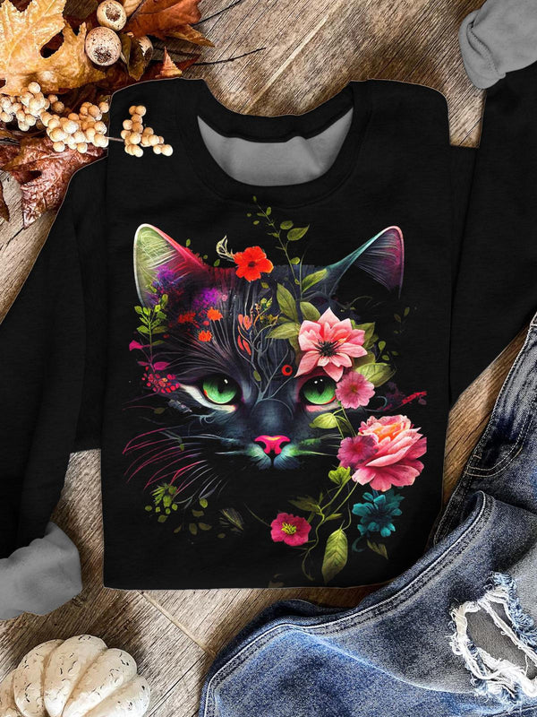 Women's Floral Black Cat Print Casual Long Sleeve Top