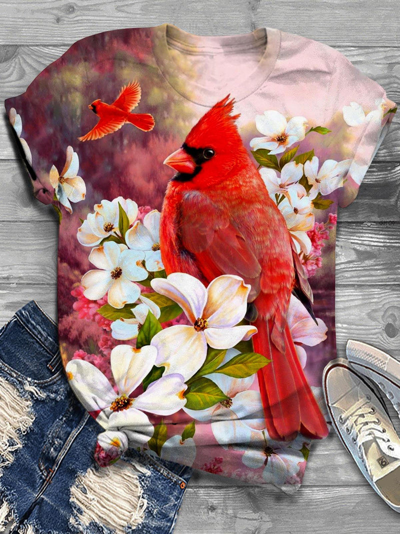 Red Bird Flower Crew Neck T-Shirt