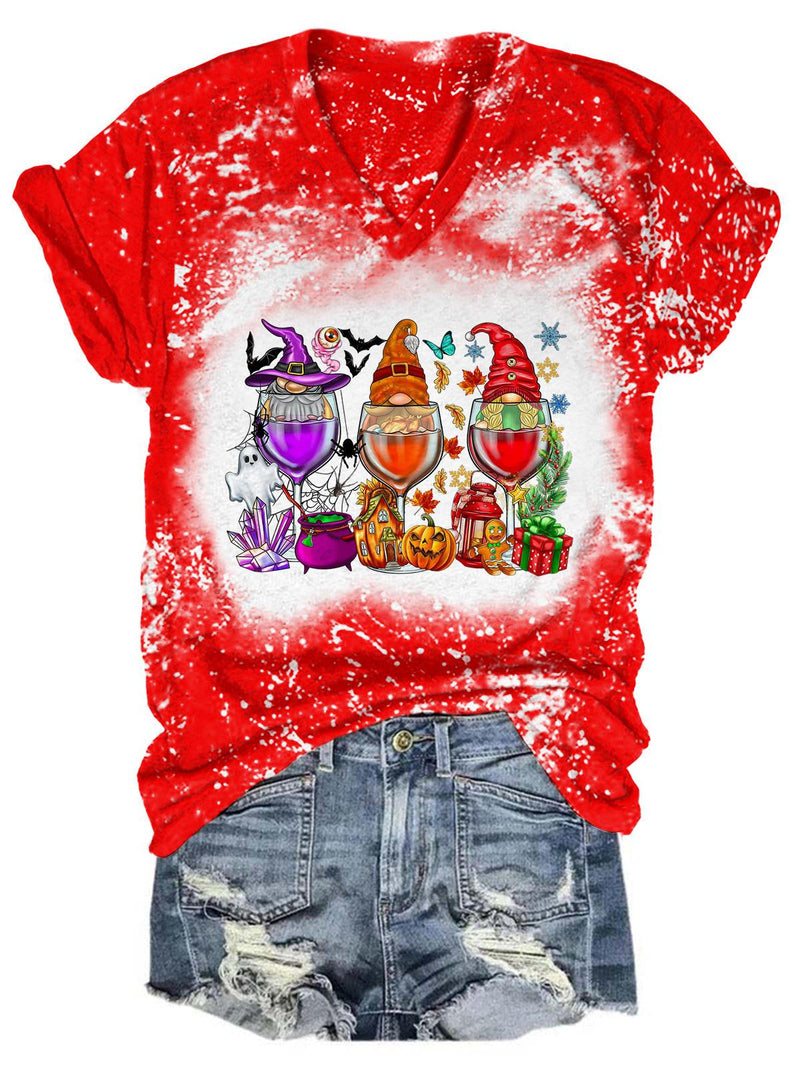 Hallothanksmas Gnomes Glasses V-Neck Tie Dye T-Shirt