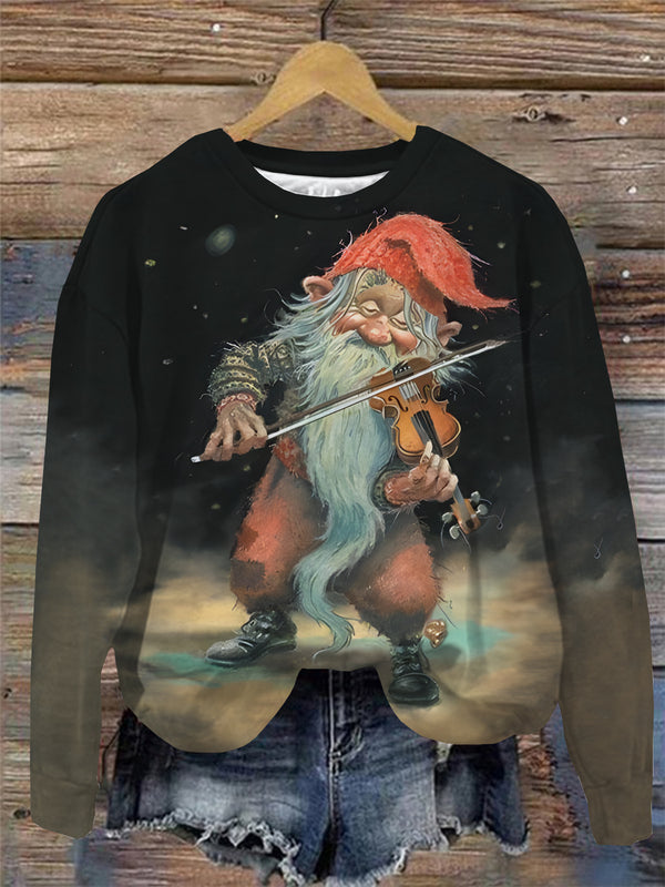 Vintage Gnome Print Round Neck Long Sleeve Top