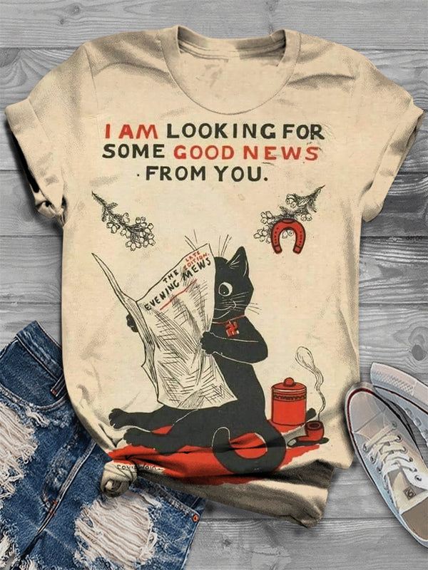 Women's Retro Fun Cat Print Crew Neck T-Shirt