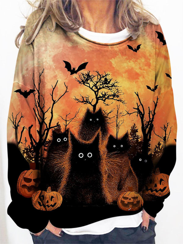 Halloween Black Cat Print Round Neck Long Sleeve Top