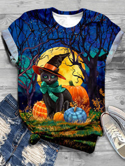 Pumpkin Witch Cat Print Casual T-shirt