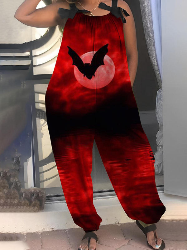 Halloween Bat Print Pocket Jumpsuit
