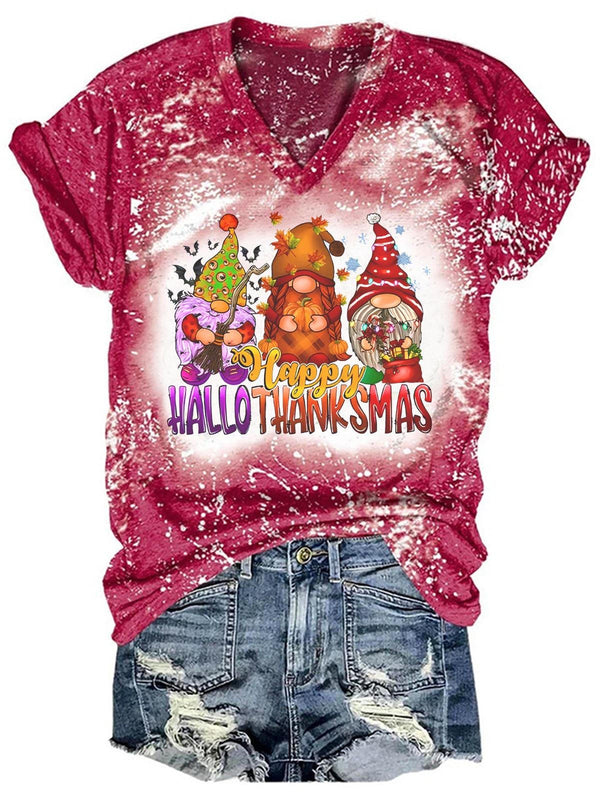 Happy Hallothanksmas Gnomes Print Tie Dye Shirt