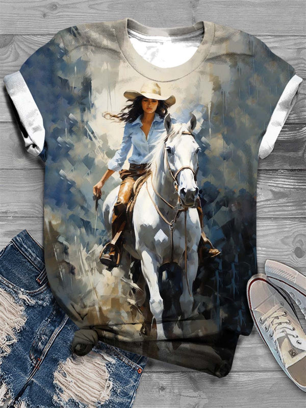 Western Cowgirl Print Crew Neck T-Shirt
